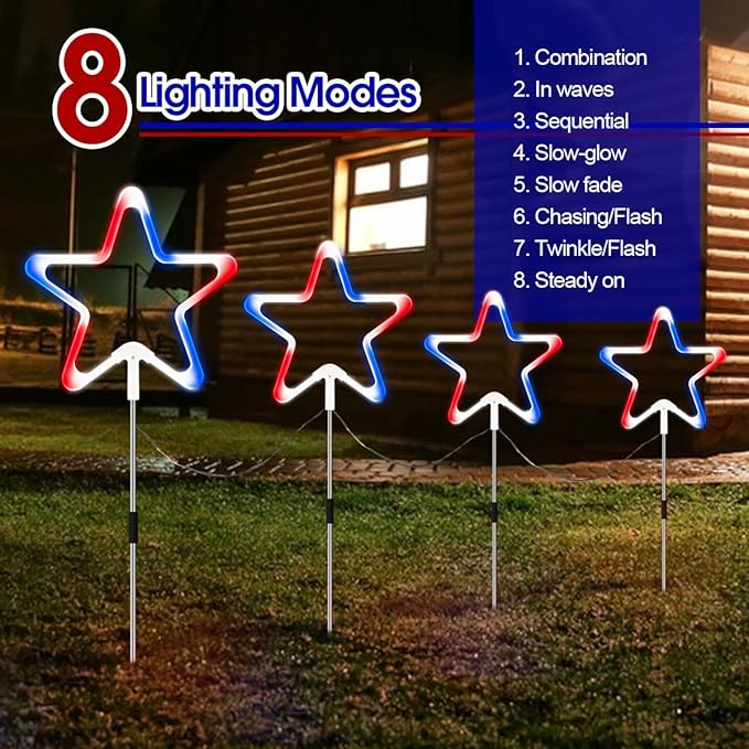 4th of July Decorations Red White and Blue Light, 4PCS Big LED Neon Star Pathway Lights Outdoor, Patriotic Garden Stake Lights with 8 Modes Waterproof for Independence Day Yard Lawn Decor