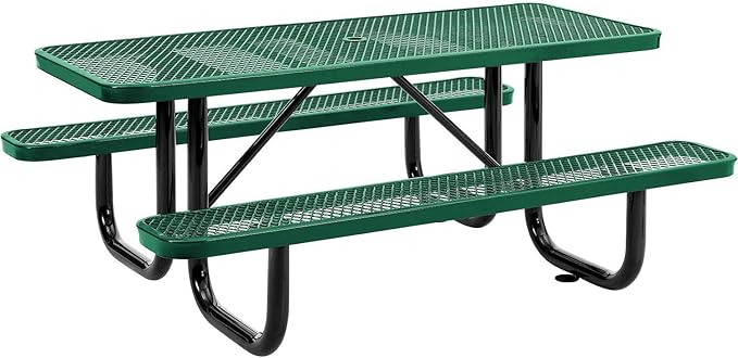 Global Industrial 6’L Rectangular Picnic Table, Expanded Metal, Green Thermoplastic Coating, Attached Benches, 1-1/2” Umbrella Pole Hole, Outdoor-Rated, 1000 lb Capacity, 72” x 30” Tabletop