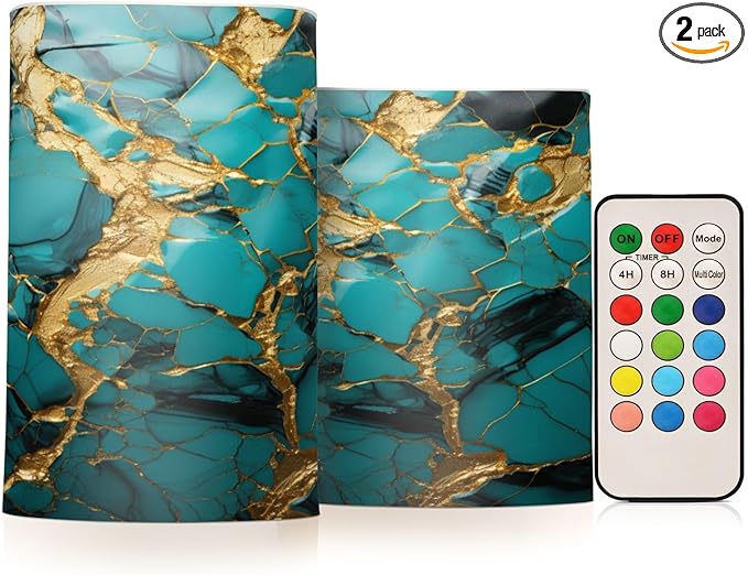 Flickering Flameless Candles, Turquoise Golden Marble LED Candles with Remote Timer, Set of 2 Battery Operated Candle for Valentine Wedding Birthday