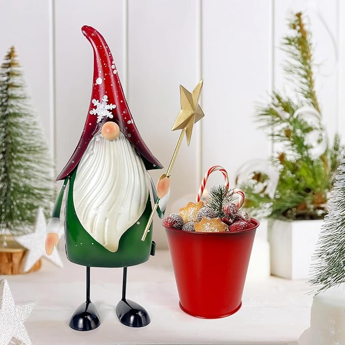 HONGLAND Outdoor Decorations Metal Gnome Yard Art Garden Gnomes Statue 13 Inch Santa Figurine, Succulent Flower Pot, Fun Metal Planter