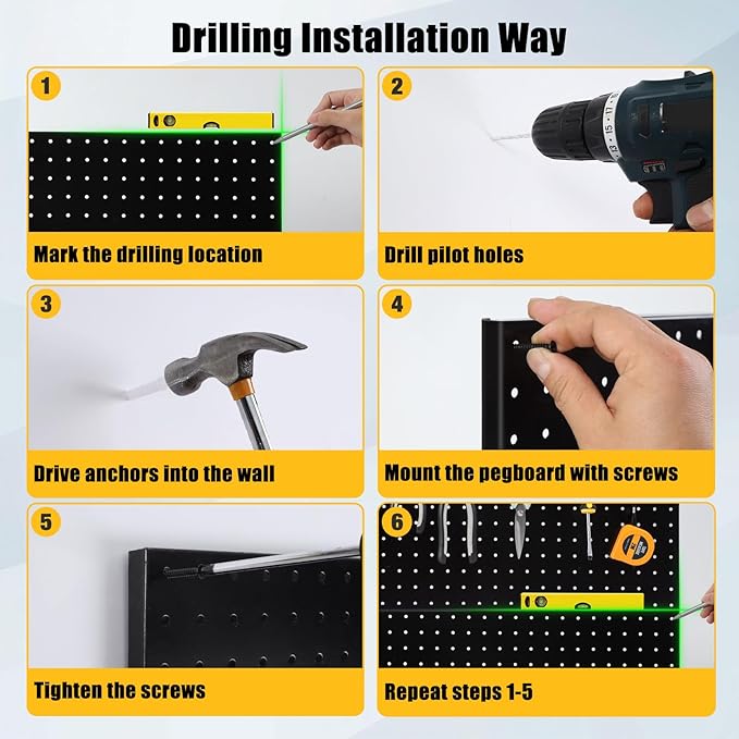 6 Pcs Metal Pegboard Panels, Heavy Duty Peg Boards for Garage and Garden Tool Storage, Includes Drywall Anchors and Screws Kits, Black