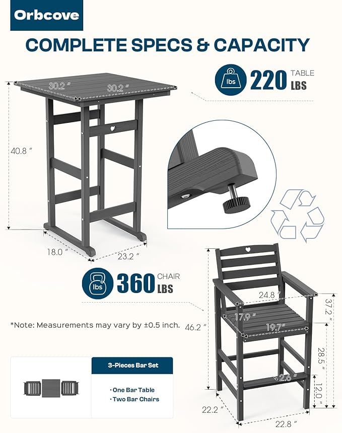5-Piece Bar Height Outdoor Table and Chairs Set, HDPE Wood Grain Patio Bar Table and Chairs with Heart Cutout Design, Weather-Resistant Bar Height Furniture for Deck, Porch, Pool (Grey)