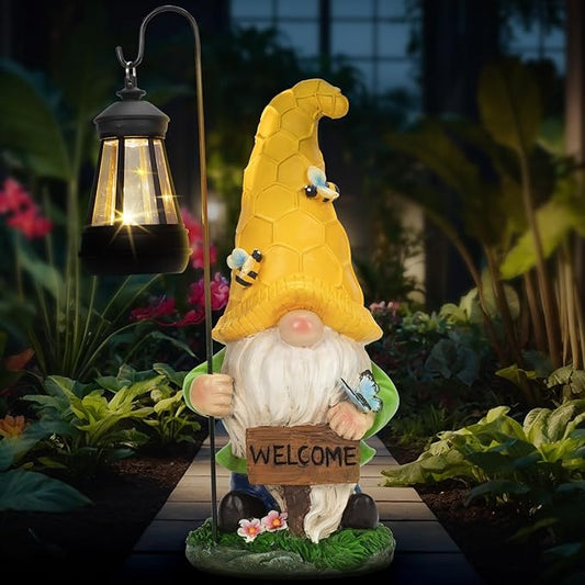 12.6'' Solar Large Garden Gnomes Outdoor Statues with Lantern, Welcome Gnome Garden Outdoor Decor Gift Waterproof Decoration for Patio, Balcony, Yard Ornament - Unique Housewarming Gifts