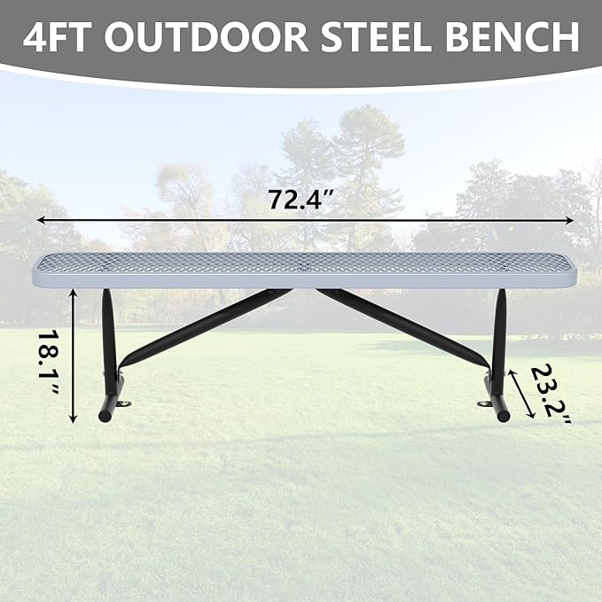 48" L Outdoor Steel Flat Bench, Heavy Duty Metal Park Bench for Outside, Expanded Metal, Commercial Benches Mesh Bench for Shopping Mall, Store, Lawn, Park, Patio, Deck, Garden (Grey, 6FT)