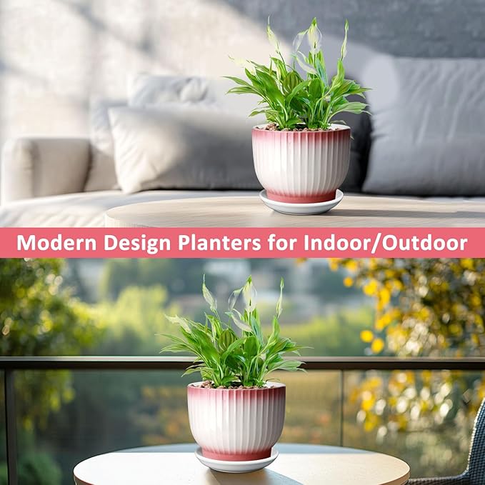 8 Inch Plant Pot, Ceramic Planter with Drainage and Saucer, Ceramic Pots for Plants, Indoor Plant pots,Flower pots(Pink + White, Plants NOT Included)