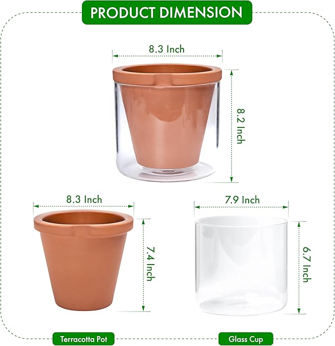 D'vine Dev 8 Inch Design Self Watering Pot for Indoor Plants, Terracotta Planter with Cylinder Glass Cup, Set of 1, 37-X-C-1