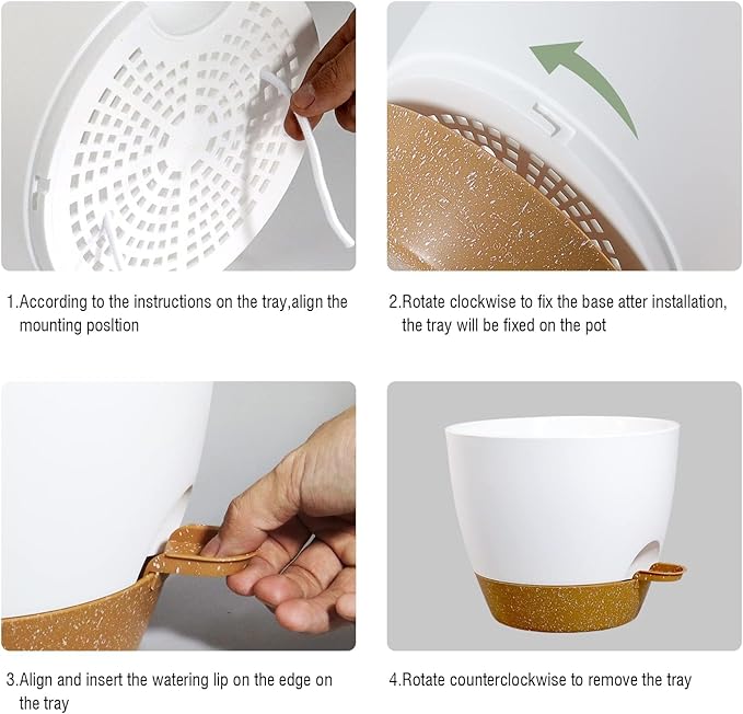 10/9/8 inch Self Watering Pots, Set of 3 Plastic Planters with Mesh Drainage Holes and Deep Reservoir for Indoor Outdoor Garden Plants and Flowers, White with Brown