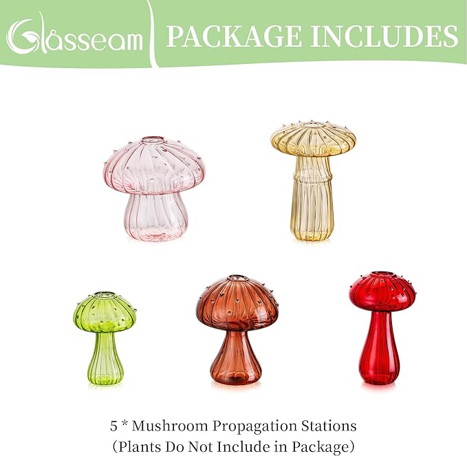 Glasseam Mushroom Glass Planter, Set of 5 Colored Plant Propagation Station, Mini Terrarium for Plants, Unique Small Glass Vase for Flowers, Cute Hydroponic Indoor Planters Gifts for Women Room Decor