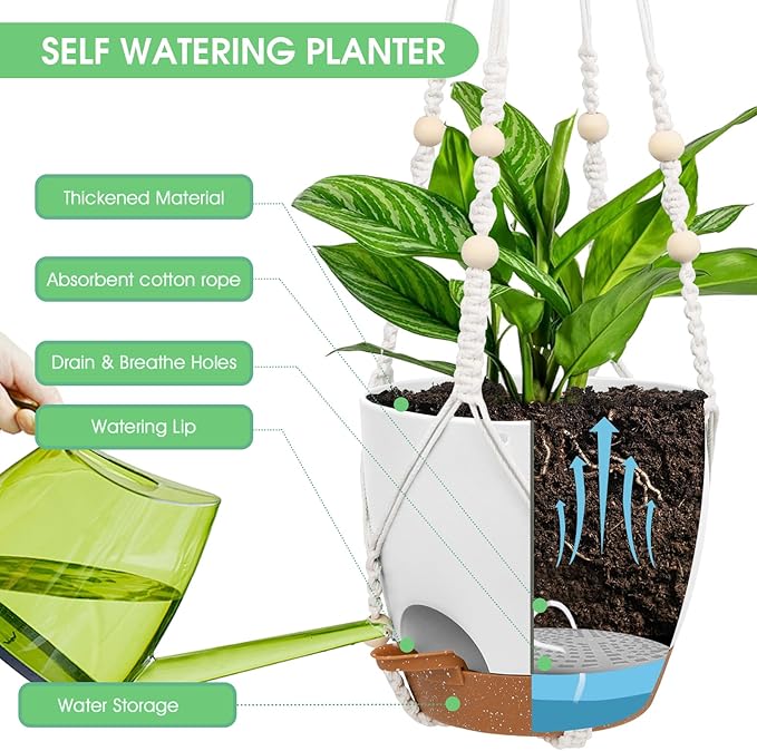 Hanging Planters for Indoor Outdoor Plants, 2 Pack Self Watering Hanging Pots, Hanging Plant Baskets with Drainage Holes & 2 Types of Plant Hangers (White, 6'')