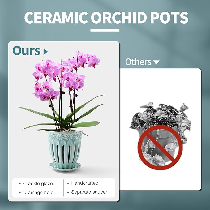 5" Ceramic Orchid Pot with Holes | Crackle Glazed Pot with Drainage and Separate Saucer | Ideal Plant Pot for Repotting Orchids and Other Flowers (Blue)