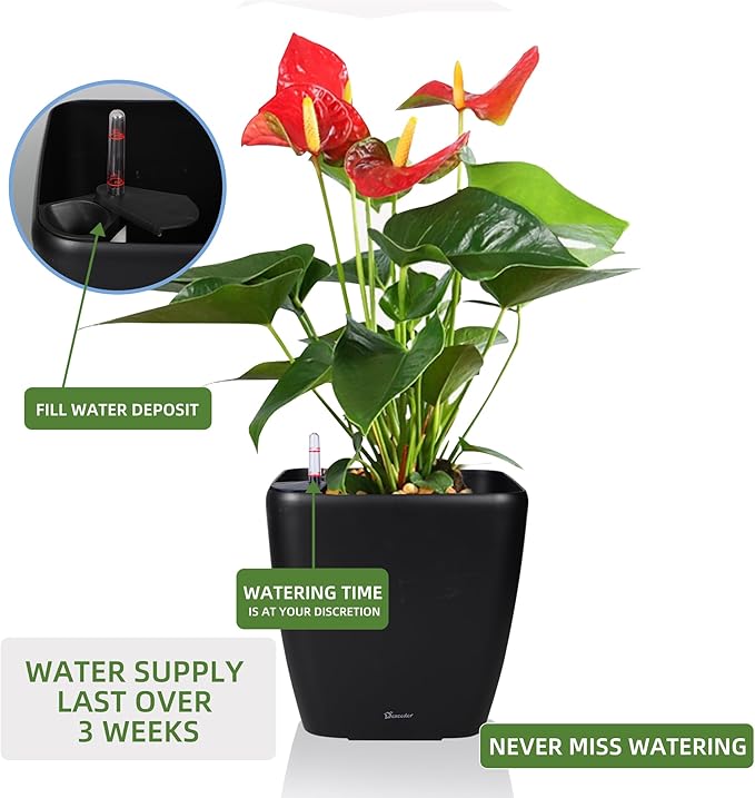 Dexceder 18x17 Self Watering Planter with Wheels Indoor Outdoor, Inner Mat Design, Thickened Large Floor Standing Flower Plant Pot with Water Level Indicator (Black Matte)