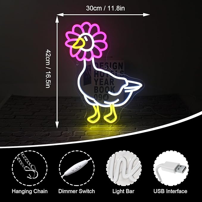 Duck Neon Sign Pink Daisy Duck Neon Signs for Wall Decor,USB Connectivity Dimmable Flower Duck Neon Light Signs for Bedroom Living Room Kids Room Apartment Home Bar Birthday Party