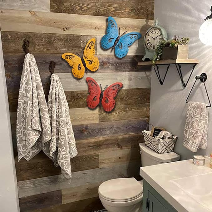 EASICUTI Metal Butterfly Wall Decor Butterfly Wall Art Hanging Sculpture For Indoor Outdoor Home Bathroom Living Room Bedroom Or Porch Patio Fence Yellow Red Blue 3 Pack 9.4" L x 7.5" H