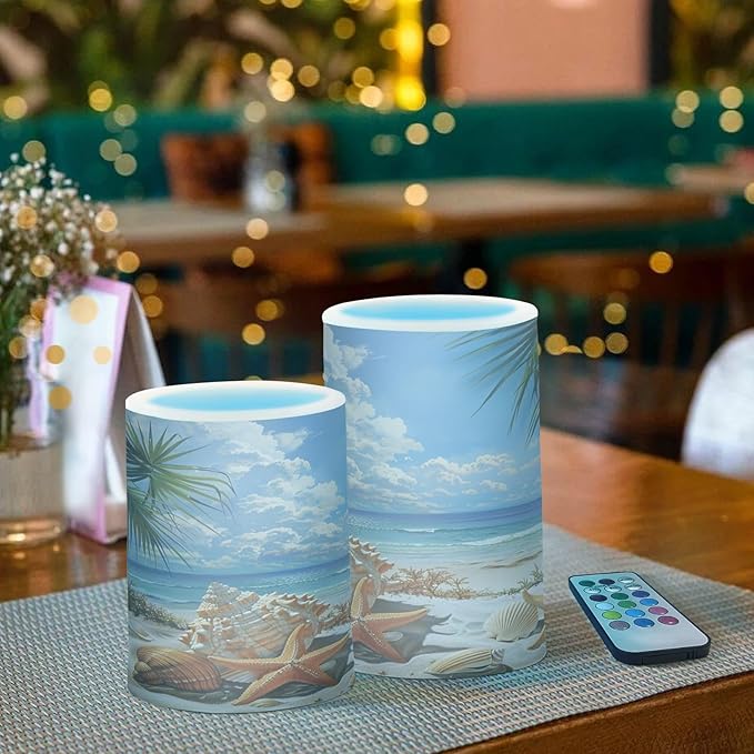 Flickering Flameless Candles, Starfish Seashell Beach Palm LED Candles with Remote Timer, Set of 2 Battery Operated Candle for Valentine Wedding Birthday