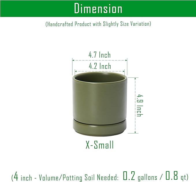 D'vine Dev Set of 2 Plants Pots, 4.7 Inch Ceramic Planter Pot for Plants with Drainage Hole and Saucer, Olive, 94-V-B-J