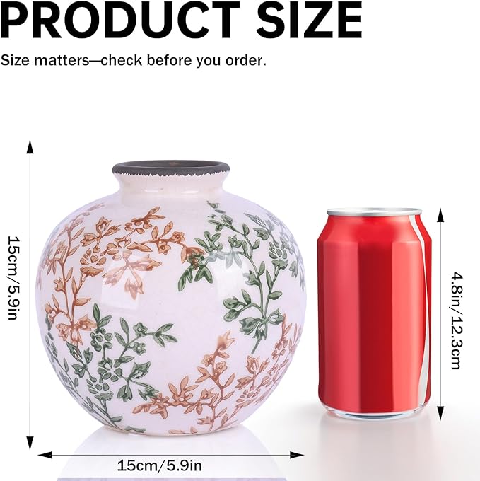 Green, White, and Brown Vintage Round vase, Chinese-Style Green Farmhouse Decorative vase, Suitable for Home Decor，Living Room, Dining Table, Office, Bookshelf, TV Cabinet, entryway Decor.