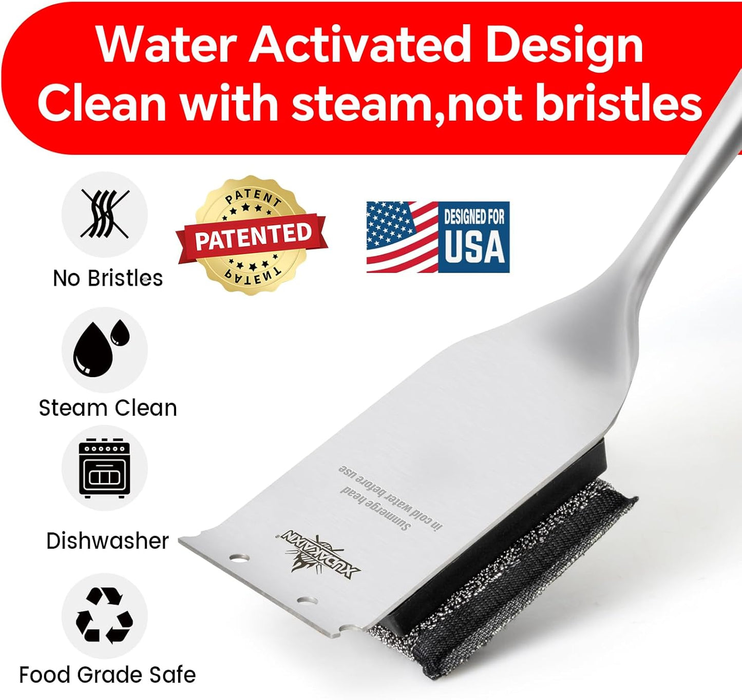 Grill Brush Bristle Free,Unique Steel Fibers Pad [Safe & Efficient] Perfect for Cast Iron/Stainless-Steel Grates - with 1 Replaceable Cleaning Head - Safe Grill Cleaner for Outdoor Grill