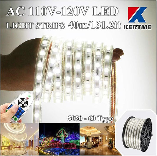 5050-60 Type AC 110-120V White LED Strip Lights, Flexible/Waterproof/Dimmable/Multi-Modes LED Rope Light + 23 Keys Remote for Home/Garden/Building Decoration (131.2ft/40m, White 6000K)