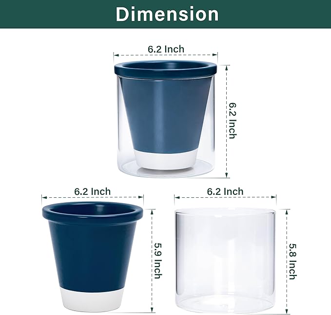 D'vine Dev 6 Inch Design Self Watering Planter for Indoor Plants, Blue Terracotta Pot with Cylinder Glass Cup, 37-X-B-4