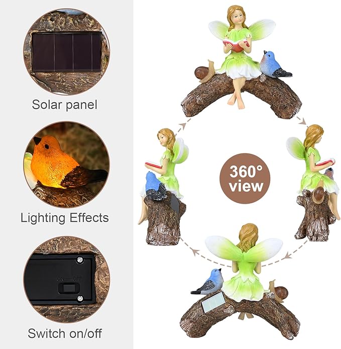 Garden Flower Fairy Statue Decor-Solar Outdoor Fairy Statues-Garden Fairy Outdoor Snail,Bird Figurines Decoration for Outside Patio Lawn Yard,Fairies Ornaments Gifts,Tall 8.4 Inches