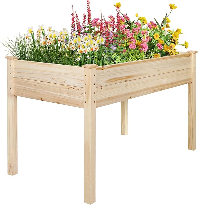 4 Feet Outdoor Wooden Raised Garden Bed Planter Box Kit for Vegetable and Fruit Growing, Patio or Balcony Gardening, Natural
