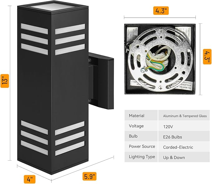 2 Pack Outdoor Wall Lights, Up/Down Modern Wall Sconce Exterior Lighting Fixture Square Wall Lamp Aluminum IP65 Waterproof Wall Mount Porch Lights ETL Listed E26 Bulbs Included 2700K