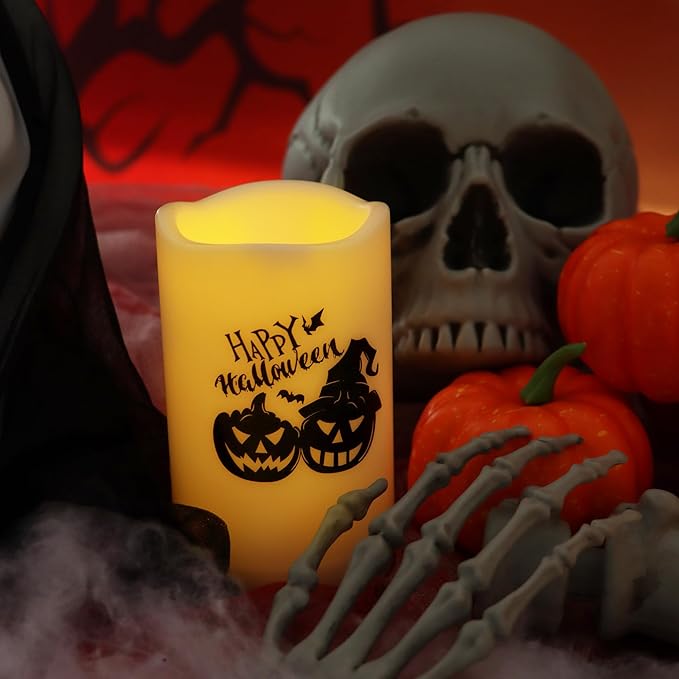 Halloween Outdoor Battery Operated Flameless Pillar Candles with Auto Daily Timer Waterproof Realistic Flickering Electric LED Lights with Pumpkin Witch Decals Halloween Decorations 2 Pack 3X5”