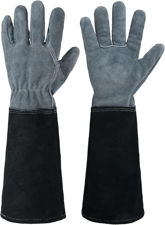 HANDLANDY Long Gardening Gloves for Men & Women, Cowhide Leather Rose Pruning Gloves, Breathable Thorn Proof Gauntlet Glove (Dark Grey-Black, XL)