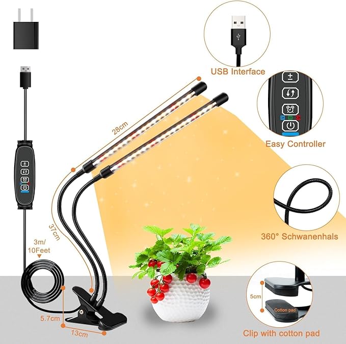 4 Heads Grow Lights for Indoor Plants, Full Spectrum LED Plant Lamps with Clips and 120 inch Cables for Seeding Growing(with Adapter)