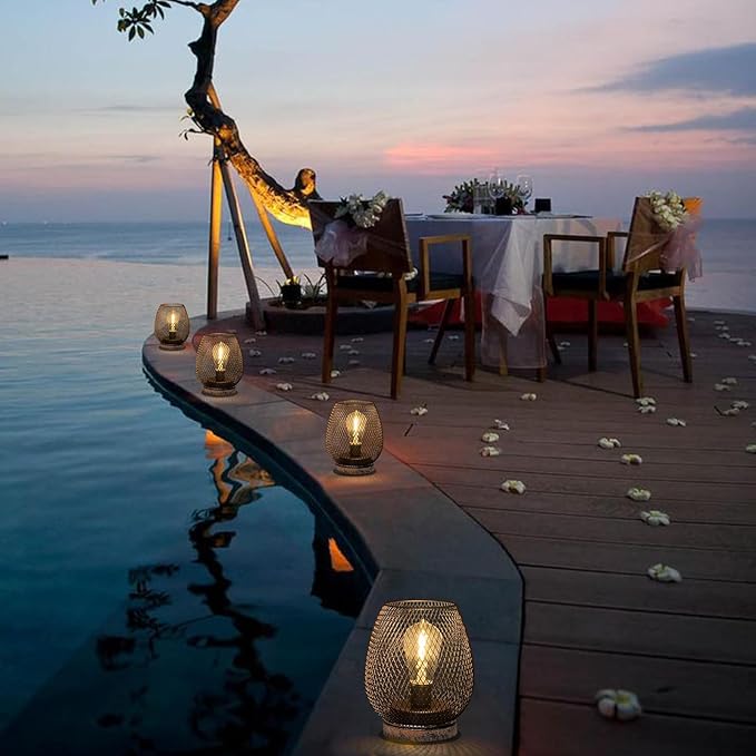 2 Pack Battery Operated Lamp Outdoor Table Lantern,Metal Cage Cordless Lamps with LED Bulb for Weddings Parties Patio Events Indoor Outdoor Patio Bedroom Living Room(Bronze)