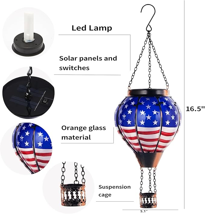 Hot Air Balloon Solar Lantern Outdoor - Flame Hanging Solar Light Waterproof Lanterns for Patio Garden Yard Farmhouse Decor, Great Gift(Flag)