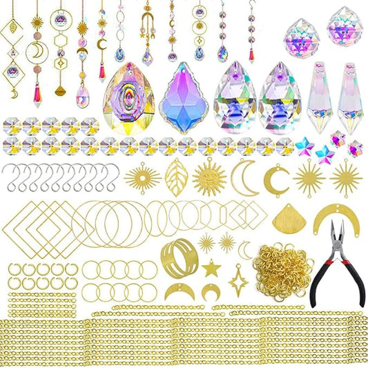 H&D HYALINE & DORA 215pcs DIY Crystal Suncatcher Kits for Adults Art Crafts Set with Rainbow Maker Prisms Pendant Sun Catchers Hanging Decor for Window Garden Wedding, Gold