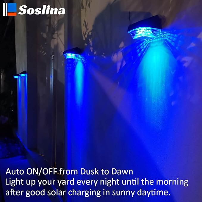4 Pack Solar Step Lights Outdoor Waterproof, Solar Wall Lights Outdoor, Last All Night, Solar Fence Lights for Fence Garden Step Yard Decking Patio (Blue)