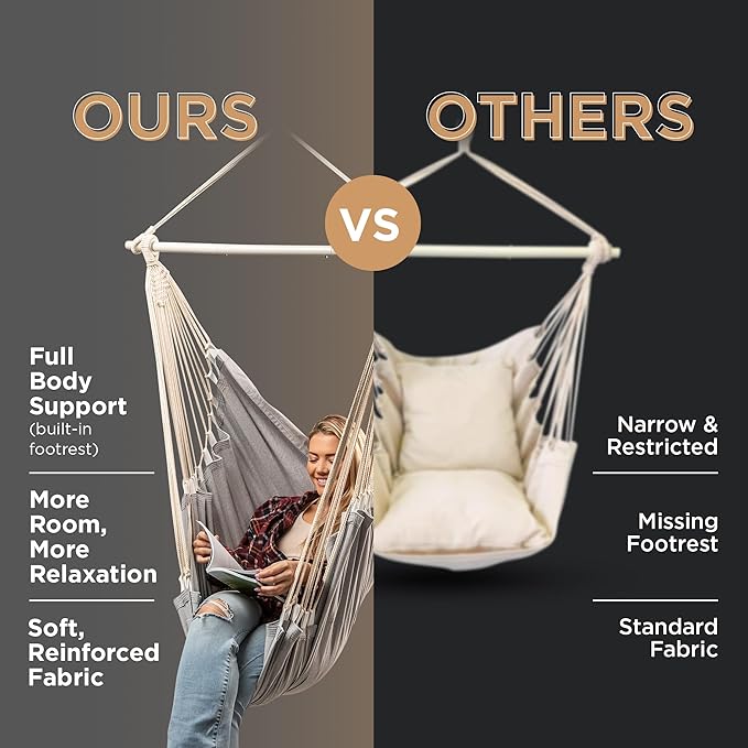 Hanging Hammock Chair Swing – Hanging Chair Outdoor & Indoor - Hammock Swing Chair – Quick & Easy Setup with Hardware Kit – Durable & Spacious Full Body Support – Holds 440 Lbs