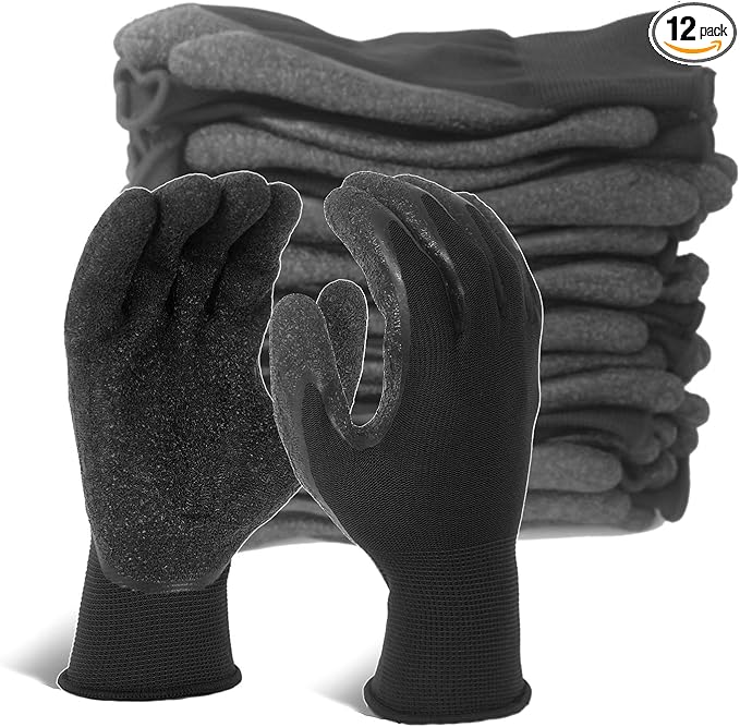 Evridwear Crinkle Latex Rubber Hand Coated Safety Work Gloves for Men Women General Multi Use Construction Warehouse Gardening Assembly Landscaping (M-Size Sizing) 12 Pairs Pack