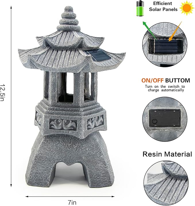 DIBIEECN Japanese Garden Decor Pagoda Garden Statue, Solar Patio Lights, Zen Landscape Lighting Garden Decor, Asian Outdoor Decor for Yard Backyard, Gifts for Women Mom