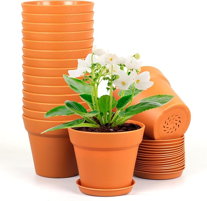 4 inch Small Plastic Nursery Pots, Seedling Pots, 16 Pack Plant Pots for Indoor Outdoor Plants, Flower Pots with Drainage Holes and Saucers, Decorative Planters for House Plants, Terracotta