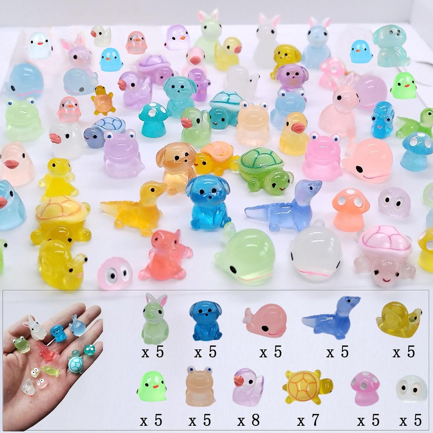 60pcs Mini Resin Animals Luminous Tiny Small Animals Figures Variety Pack Glow in The Dark Ducks Rabbits Ect 11 Type Little Figurines to Hide for Miniature Landscape Potted Fairy Garden & Aquarium
