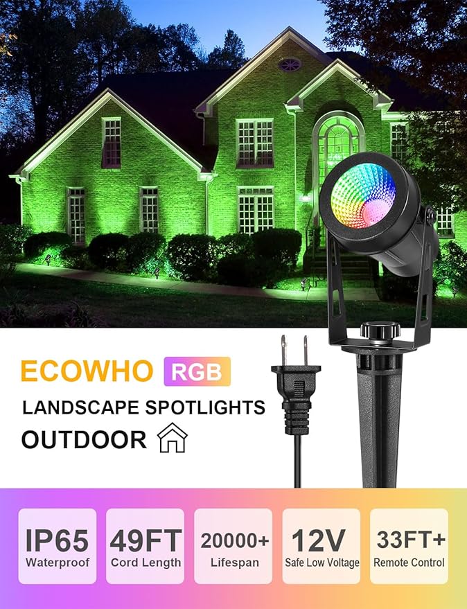 ECOWHO RGB Color Changing Landscape Lights with RF Remote Control, 12V Low Voltage Landscape Lighting, IP65 Waterproof LED Spotlight Outdoor for Yard House Garden Patio Tree Pathway Decor, 4 Pack