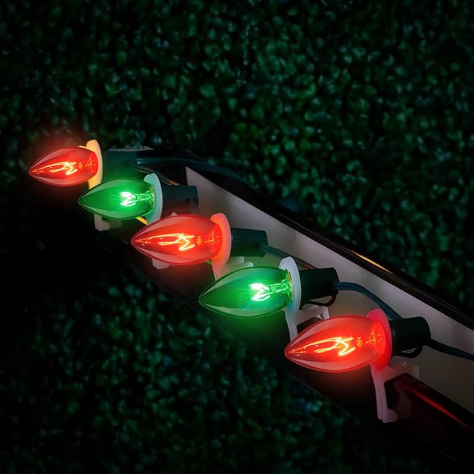 25ft Red and Green Outdoor Christmas Lights,C9 Vintage Christmas String Lights With 26 Red Green Bulbs(1 Spare),Waterproof Hanging Christmas Lights for Roofline Christmas Tree Backyard Decor