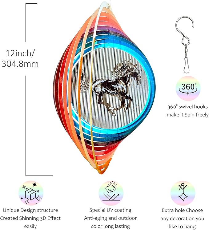 3D Animations Horse Wind Spinner for Yard and Garden,12Inch Wind Spinners Outdoor Horse Memorial Gift for Women Mom Grandma Wife,Garden Decor Metal Kinetic Yard Art Wind Sculpture