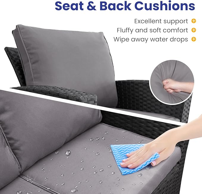 4 Piece Outdoor Patio Furniture Set,Wicker Conversation Sets Outdoor Sectional Patio Sofa Couch with Cushions & Coffee Table for Outside, Garden, Balcony, Porch,Black/Grey