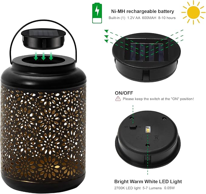 Glitzhome Solar Lantern Black Metal Cutout Flower Outdoor Hanging Solar Light with Handle for Garden Patio Yard Outdoor Decor