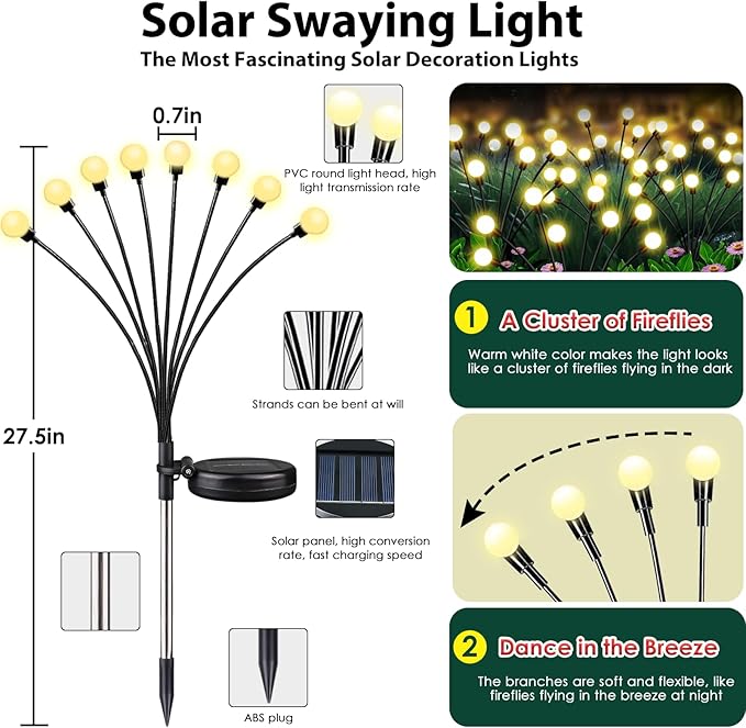 6-Pack Solar Garden Lights, 48 LED Solar Lights Outdoor for Garden Decor, Waterproof Firefly Light Outdoor (Sway by Wind), Swaying Light for Outside Yard Pathway Landscape Decorations (Warm White)