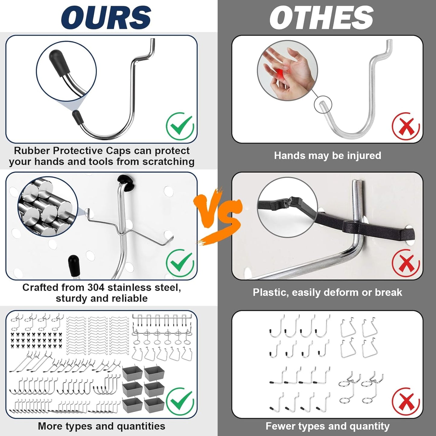 17-in-1 Pegboard Hooks Assortment - 143 Pcs 14 Sizes Peg Board Organizer Accessories Kit with 6 Pegboard Bins, 30 Silicone & 42 Stainless Steel Peg Hook Locks for 1/4" and 1/8" Pegboards Hanging Tools