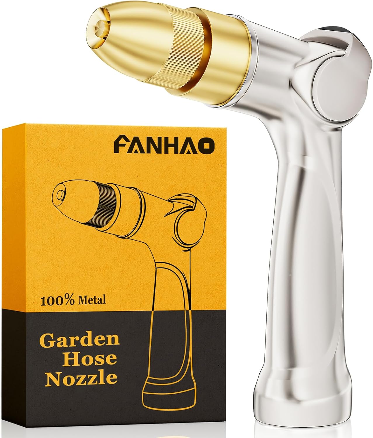 FANHAO Professional Heavy Duty Garden Hose Nozzle, 100% Metal Thumb Control Water Nozzle with Brass Tip, High Pressure Adjustable Water Hose Sprayer for Lawn & Plant Watering, Car & Pet Washing