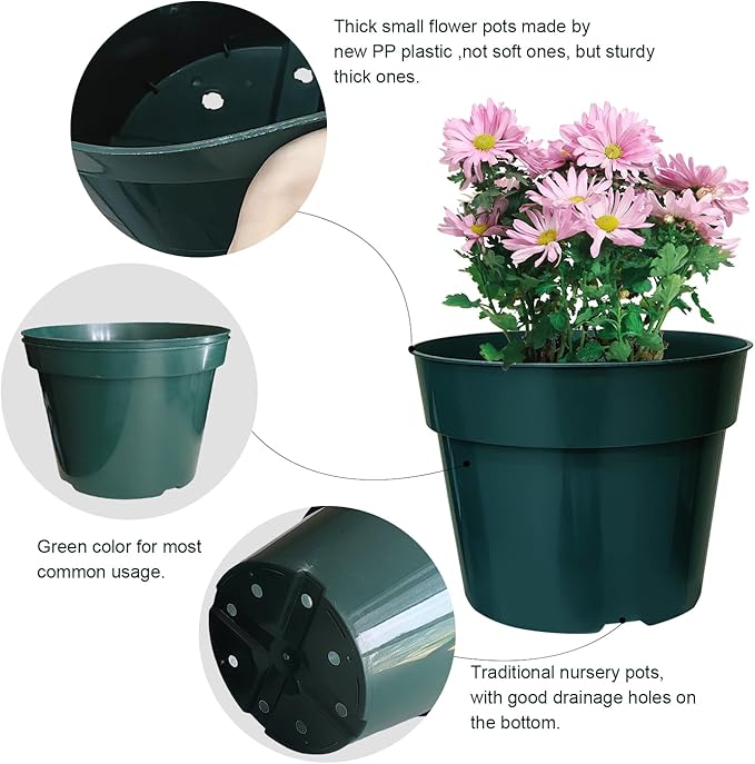 50 Pack 6 Inch Nursery Pots, Planting Grow Plastic Flower Pots, Thick Planters with Drainage Holes for Outdoor/Indoor Plants Succulent Herb (Green)