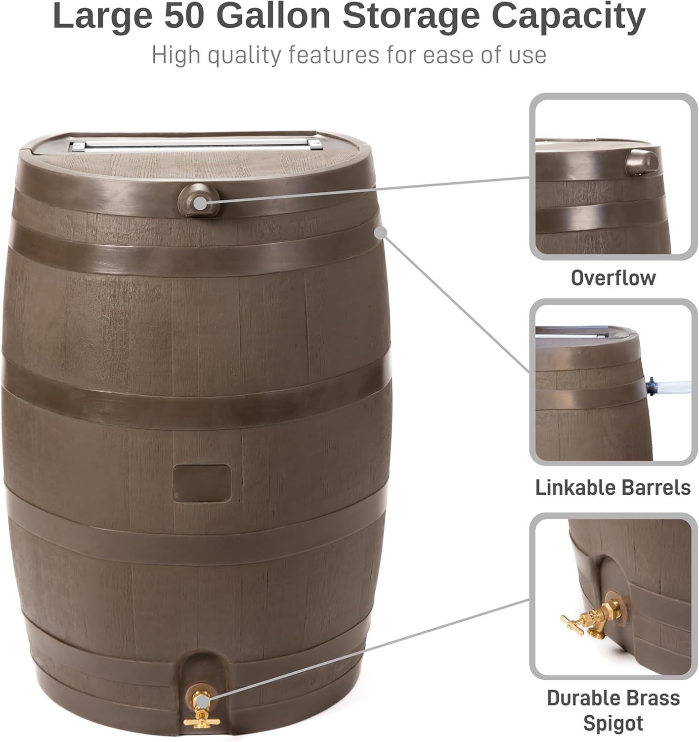50-Gallon Rain Barrel, Flat Back Rain Water Collection Barrel, Stand Included, Walnut Color