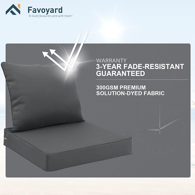 Favoyard Outdoor Seat Cushion Set 22 x 22 Inch Waterproof & Fade Resistant Patio Furniture Cushions with Removable Cover Deep Seat & Back Cushion with Handle and Adjustable Straps for Chair Sofa Couch