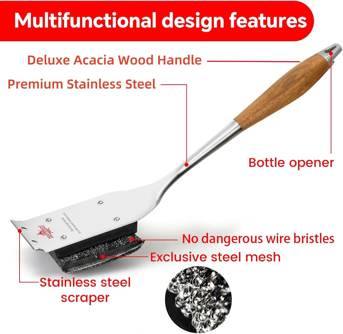 Grill Brush Bristle Free,Unique Steel Fibers Pad [Safe & Efficient] Perfect for Cast Iron/Stainless-Steel Grates - with 1 Replaceable Cleaning Head - Safe Grill Cleaner for Outdoor Grill